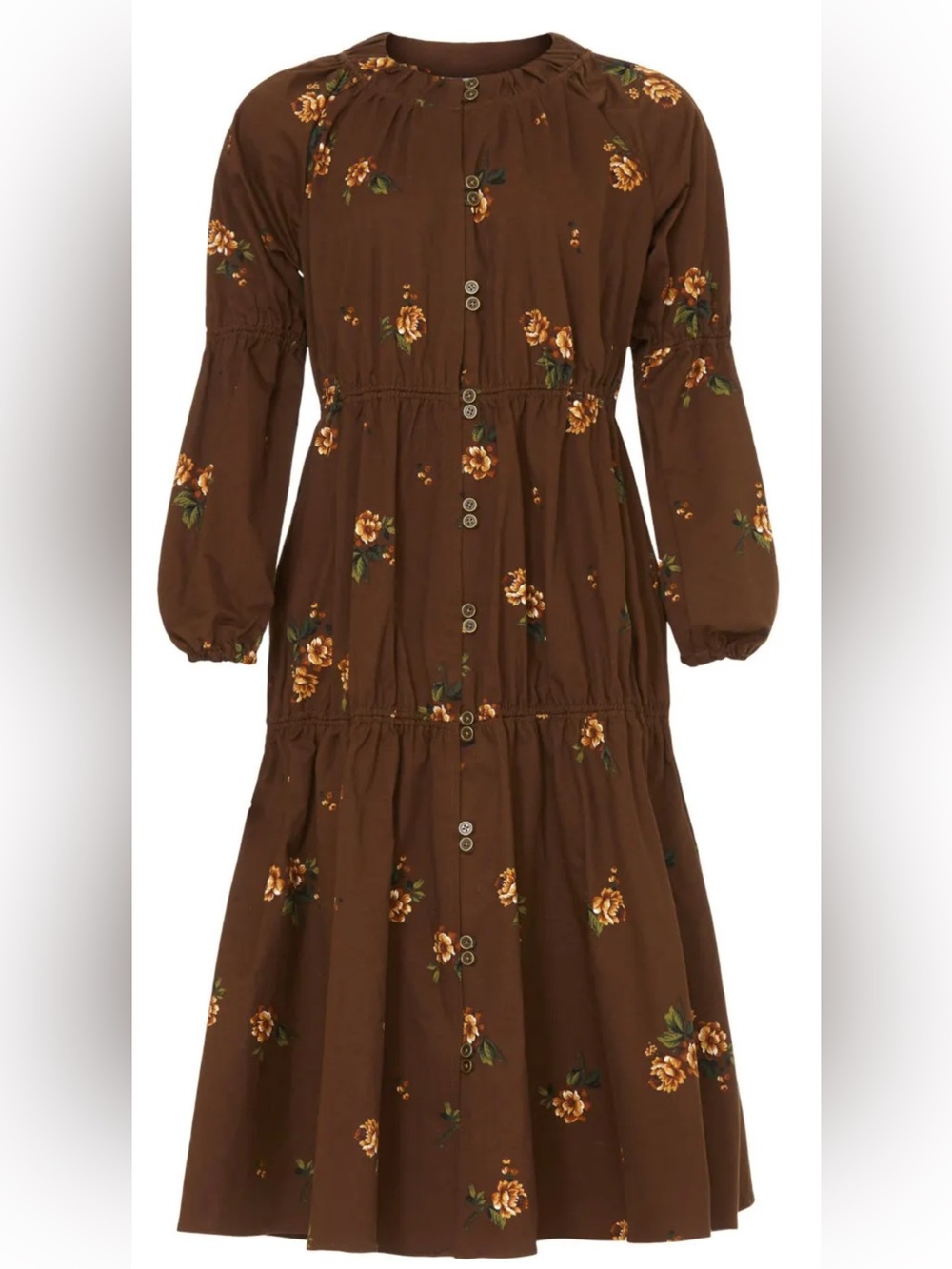 $425 Pamela Love Brown Cotton Floral Ruffle Midi Dress